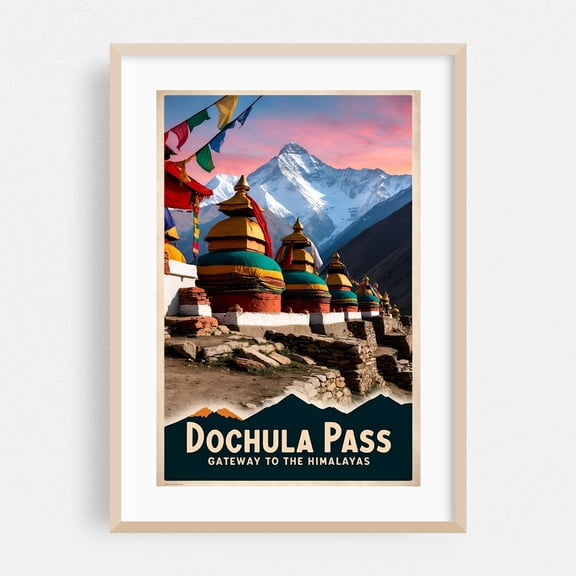 Dochula Pass Poster: Gateway to the Himalayas - Dochula Thimphu Bhutan Illustration Travel Poster Mountain Vintage Poster Scenic Landscape Nature Spiritual Oak Framed Wall Art Print 16 x 24 inches
