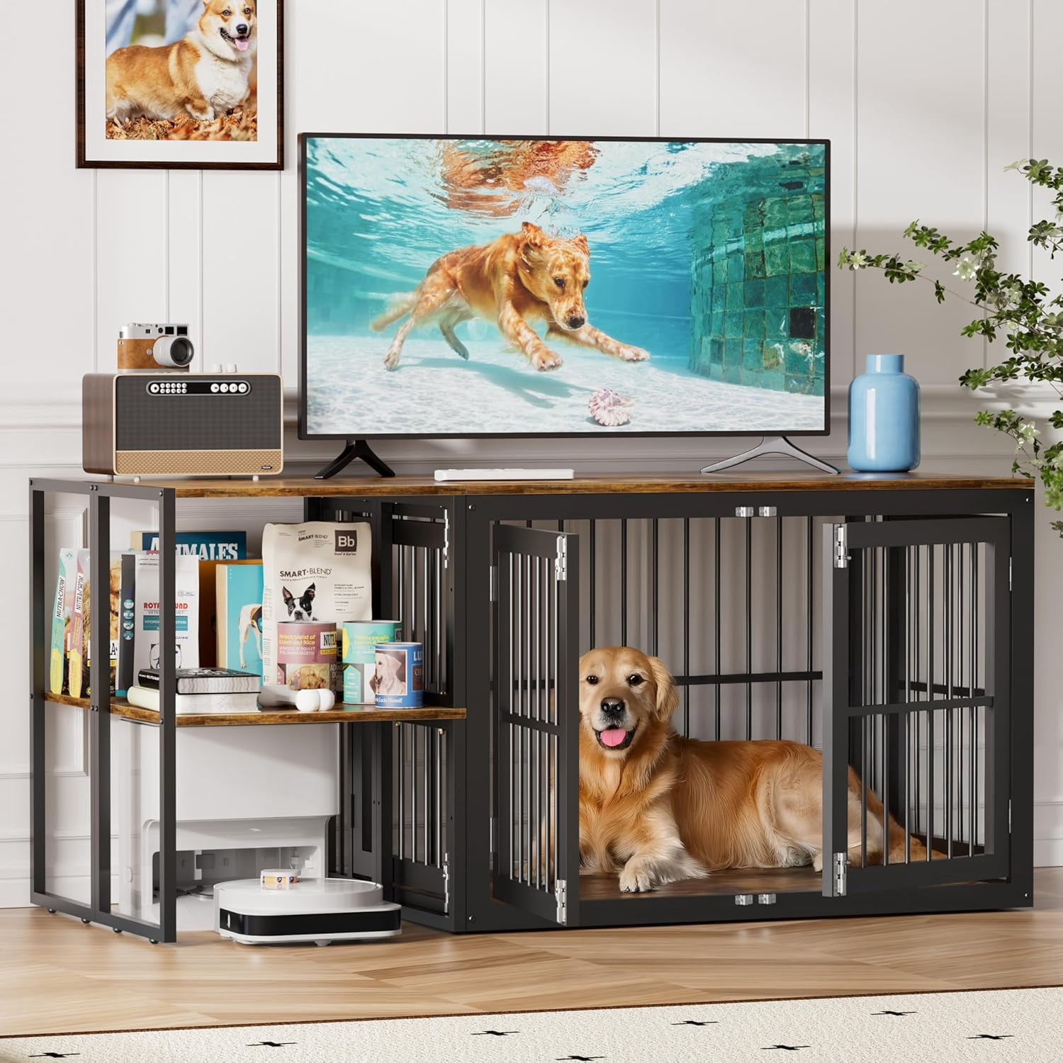 View of Dociote Dog Crate Furniture TV Stand with Storage Shelves, Wooden Dog ...
