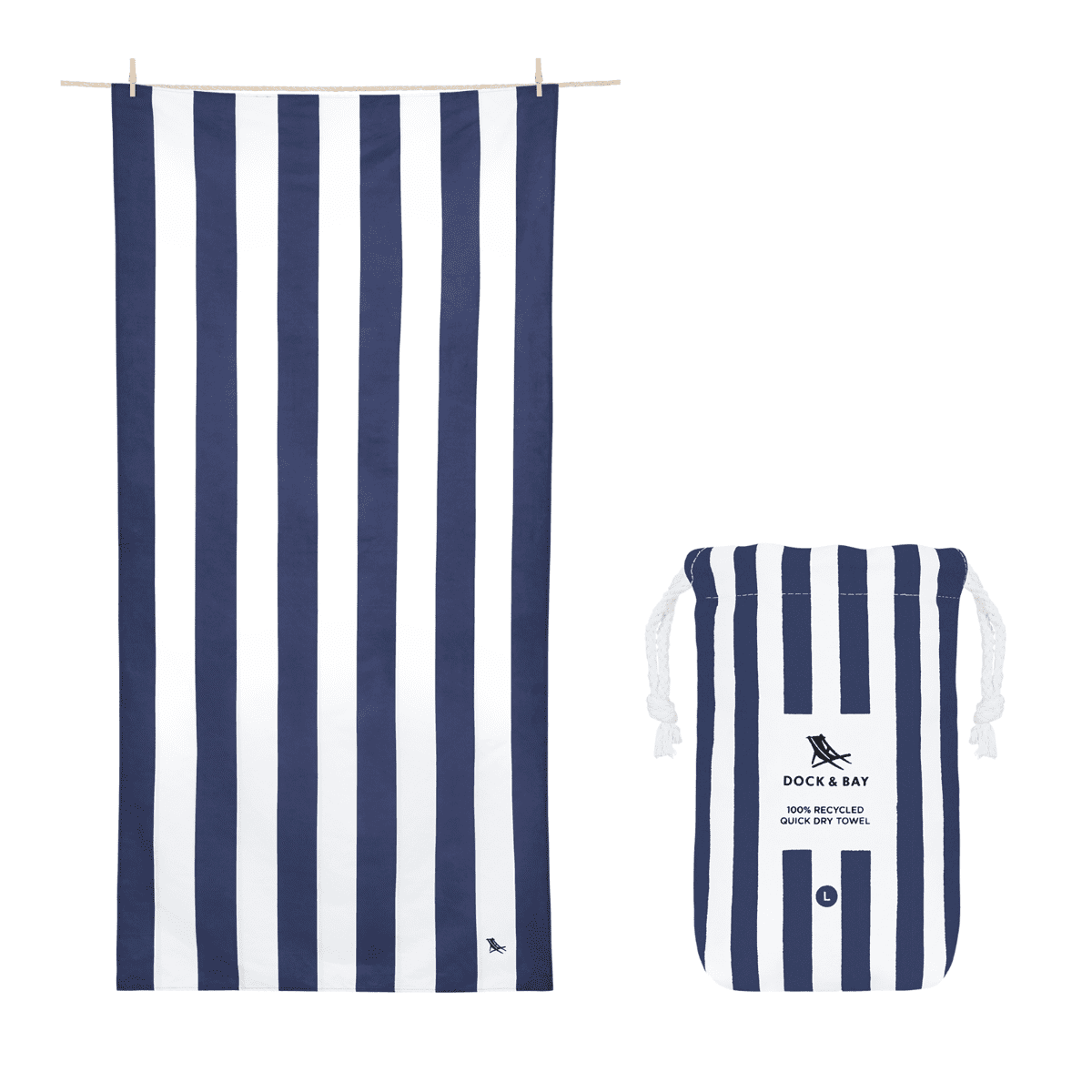 Large Blue and White Striped Quick Dry Beach Towel with Pouch