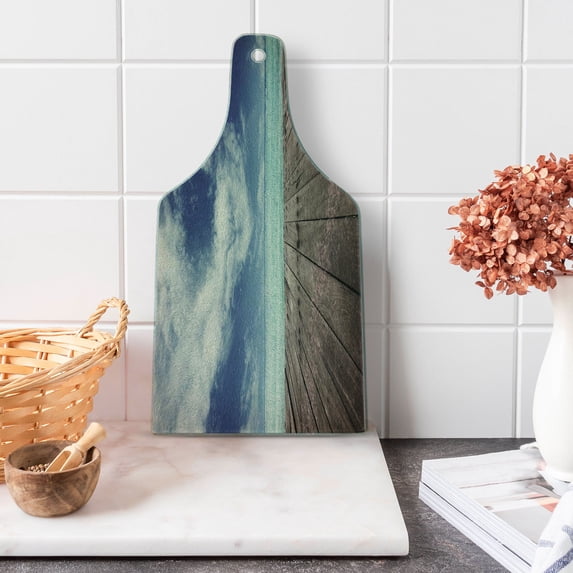 Dock Cutting Board, Cloud Ocean Beach from Pier in the Middle of Nowhere Calm Harbour Landscape, Decorative Tempered Glass Cutting and Serving Board, in 3 Sizes, by Ambesonne