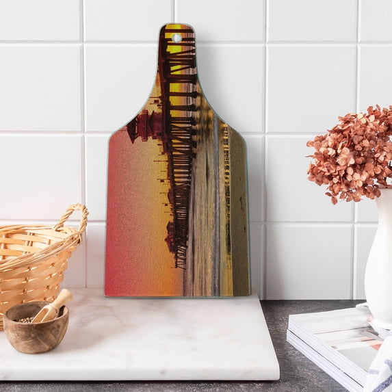 Dock Cutting Board, Wide Shot of Huntington Beach Piert Sunset in Contrast Colours Dreamy View, Decorative Tempered Glass Cutting and Serving Board, in 3 Sizes, by Ambesonne