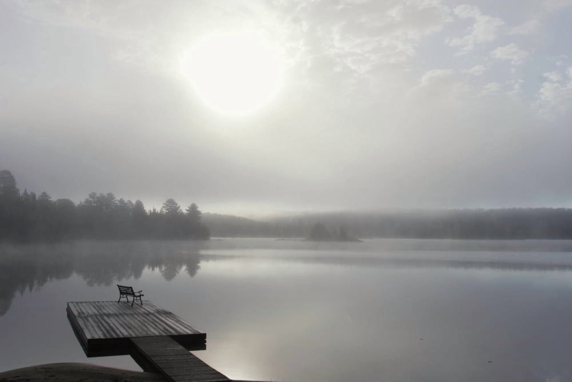 Dock In Morning Fog Oxtongue Lake Dwight Ontario Canvas Art - Doug Hamilton Design Pics (34 x 22)
