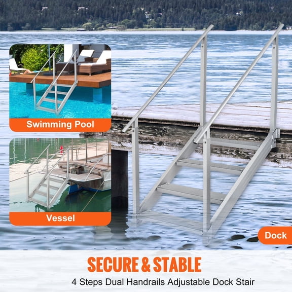 Dock Ladder 4 Step,Dock Stairs 30"-38"Adjustable Height,500 lbs Load Capacity,Aluminum Pontoon Boat Ladder with Dual Handrails&Nonslip Mat for Ship/Lake/Pool/Marine Boarding