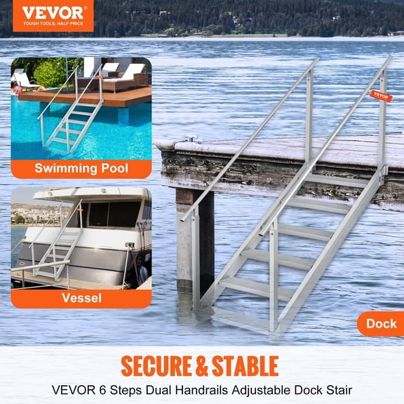 Dock Ladder for Boats, Adjustable Height Boat Ladder with Dual Handrails, 500 lbs Capacity,Aluminum Alloy Steps with Non-Slip Rubber Mat,Ideal for Pontoon Boat,Ship, Lake,Pool, and Marine Boarding