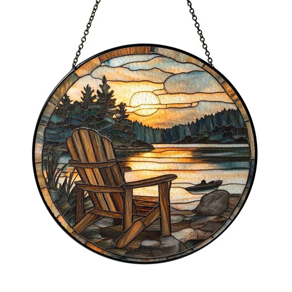 Dock Lake Stained Glass Look Suncatcher, Decorative Window Hanging with Peaceful Landscape