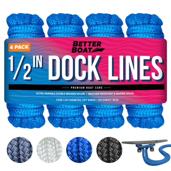 Dock Lines Boat Ropes for Docking 1/2" Line Braided Mooring Marine Rope 25FT Nylon Rope Boat Dock Lines for Docking Boat Lines Boating Rope Braided Black 4 Pk