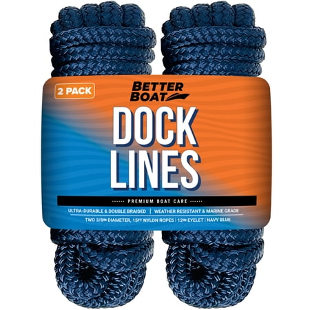 Dock Lines Boat Ropes for Docking 3/8" Line Double Braided Mooring Marine Rope 15FT Nylon Rope Boat Dock Line for Docking Ropes for Boats with Loop Boating Rope Braided 15' Feet Ties Navy Blue 2 Pack