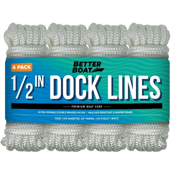 Dock Lines Boat Ropes for Docking 1/2" Line Braided 25FT White 4 Pk