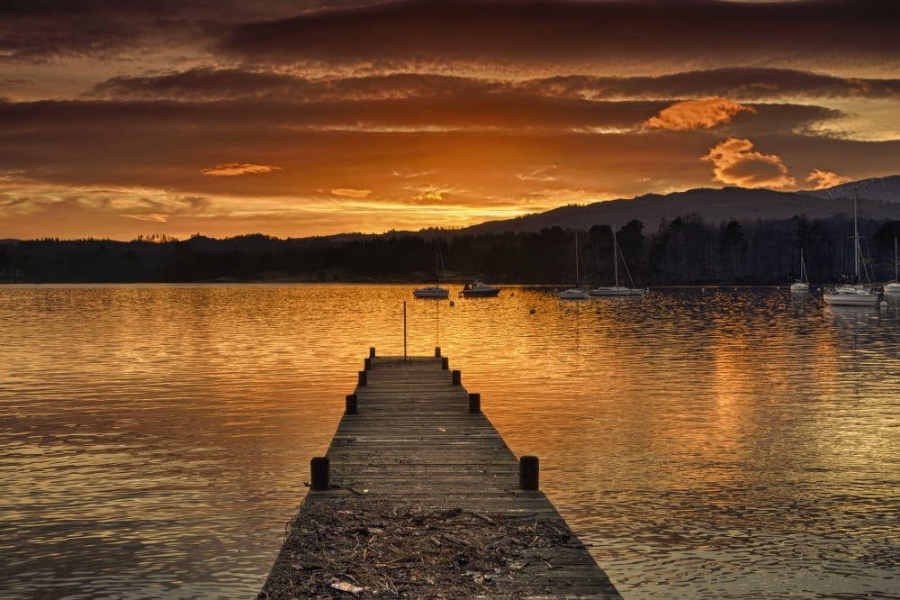 Dock On Lake Windermere At Sunset Ambleside Cumbria England Canvas Art - John Short Design Pics (19 x 12)