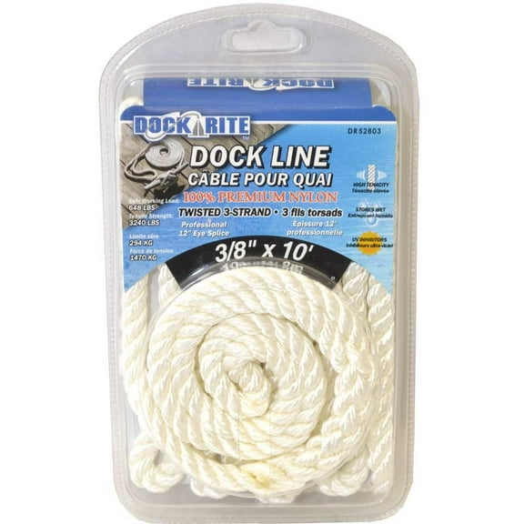 Dock Rite Boat Dock Line DR52803 | 3/8 Inch x 10 Foot White Nylon