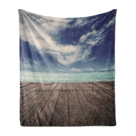 Dock Soft Flannel Fleece Blanket, Cloud Ocean Beach from Pier in the Middle of Nowhere Calm Harbour Landscape, Cozy Plush for Indoor and Outdoor Use, 50" x 60", Umber Navy Blue White, by Ambesonne