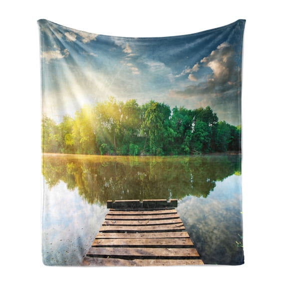 Dock Soft Flannel Fleece Blanket, Idyllic Forest in Front of Fishing Pier on a River at Sunset Sun Reflections on Water, Cozy Plush for Indoor and Outdoor Use, 50" x 60", Multicolor, by Ambesonne