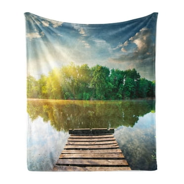 Dock Soft Flannel Fleece Blanket, Idyllic Forest in Front of Fishing Pier on a River at Sunset Sun Reflections on Water, Cozy Plush for Indoor and Outdoor Use, 70" x 90", Multicolor, by Ambesonne