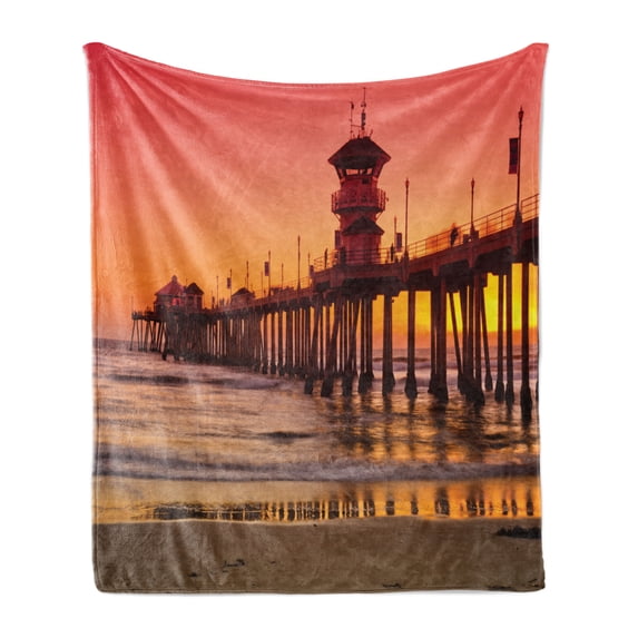 Dock Soft Flannel Fleece Throw Blanket, Wide Shot of Huntington Beach Piert Sunset in Contrast Colours Dreamy View, Cozy Plush for Indoor and Outdoor Use, 70" x 90", Dark Coral Orange, by Ambesonne