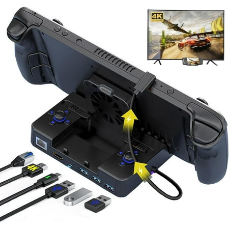 Docking Station for Switch/Rog Ally/Steam Deck with Cooling Fan RGB Light HDMI USB & LAN Port, 100W PD Fast Charging-Black