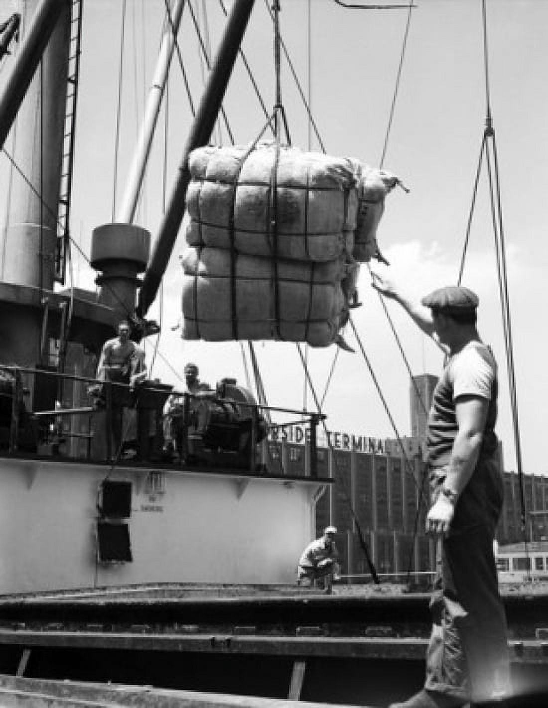 Dock workers unloading sacks from an industrial ship Canvas Art - (18 x 24)