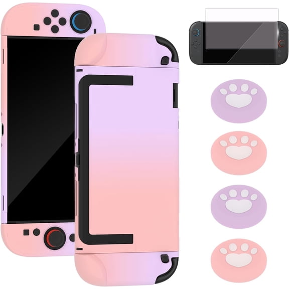 Dockable Case for Switch 2 2025,Protective Hard Case Cover for Switch 2 Joy Con,Anti-Scratch and Shock-Absorption Design Cover Skin with Screen Protector and 4Pcs Thumb Grips (Pink-Purple)