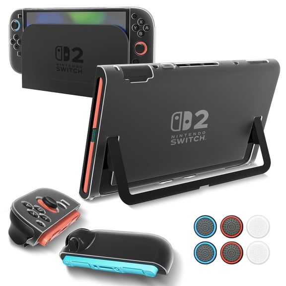 Dockable Clear Case Compatible with Nintendo Switch 2, Transparent Protective Cover Compatible with Nintendo Switch 2, 2 TPU Flat Covers for Joycon & 6 Thumb Grips, Shockproof, Anti-Scratch