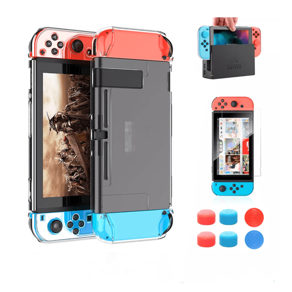 Dockable Clear Case for Nintendo Switch, 3-in-1 Protective Cover with Tempered Glass Screen Protector & Thumbstick Caps, Shock-Absorption Crystal Clear Shell (NOT for OLED)