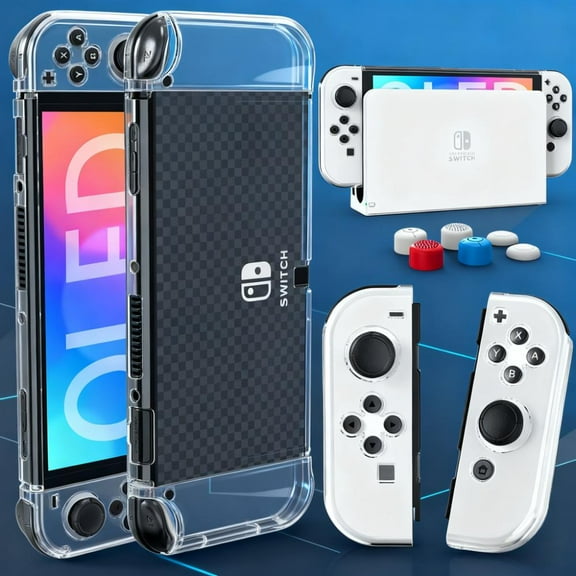 Dockable Hard PC Protective Case for Nintendo Switch OLED Model (2021). Comes with Comfortable TPU Joy-Con Grip Covers and 6 Thumb Stick Caps. Offers 360° Protection, Shock Absorption