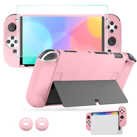 Dockable Protective Case Fit for Nintendo Switch OLED, TSV Cute Case Cover Fit for Switch OLED & Joy-Con Controllers with Screen Protector, 2 Cat Paw Thumb Grips for Girls