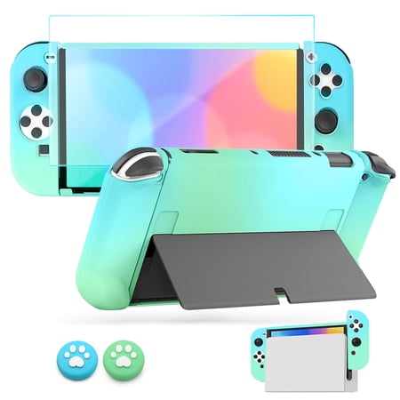 Dockable Protective Case Fit for Nintendo Switch OLED, TSV Cute Case Cover Fit for Switch OLED & Joy-Con Controllers with Screen Protector, 2 Cat Paw Thumb Grips for Girls
