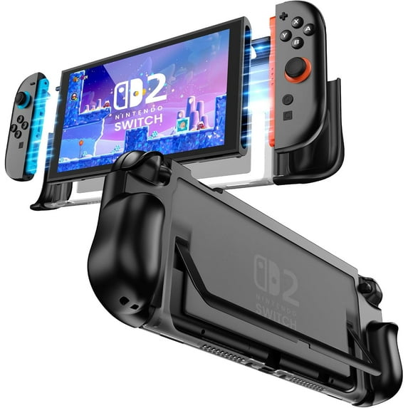 Dockable Protective Case for Nintendo Switch 2, TPU Ergonomic Grip Cover with Foldable JoyCon Holder Design, Slim Shockproof Hard Shell fit for Switch 2 Console & Kickstand - Matte Black