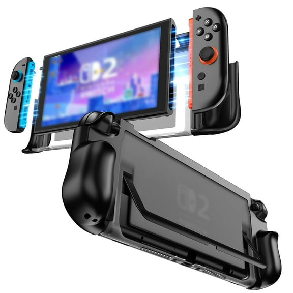 Dockable Protective Case for Nintendo Switch 2 TPU Ergonomic Grip Cover Foldable Joycons Holder Slim Shockproof Hard Shell Compatible with Switch2 Console & Kickstand-Black