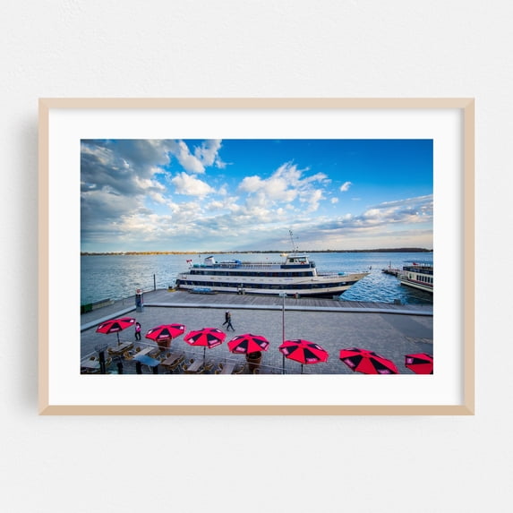 Docked at the Harbourfront 02 - Toronto Ontario Canada Photography Boat Harbor Scenic Cityscape Boardwalk Travel Poster Oak Framed Wall Art Print 5 x 7 inches
