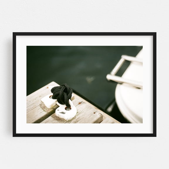 Docked: Nautical Detail with Rope and Cleat - Photography Nautical Boat Harbor Marine Life Seascape Minimalist Water Black Framed Wall Art Print 5 x 7 inches