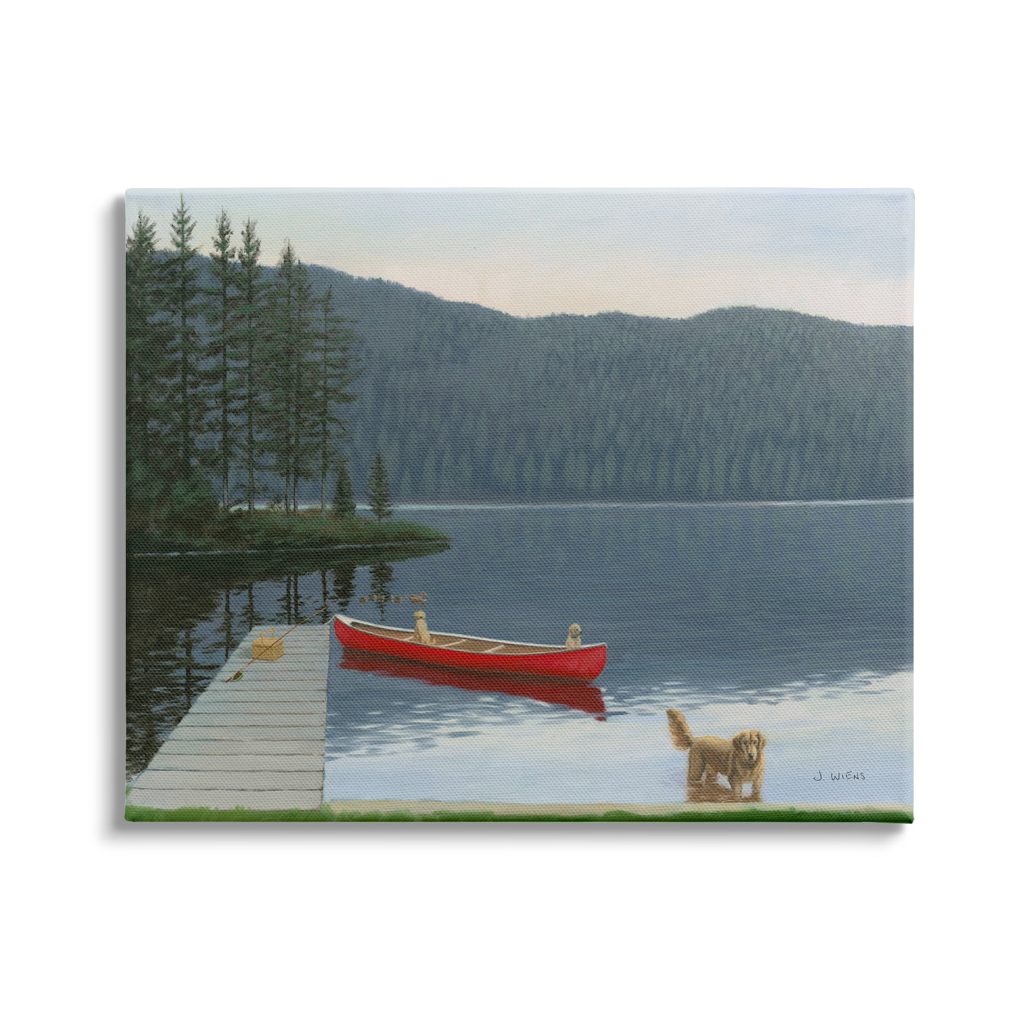 Docked Row Boat Lake Forest Landscape Pet Dogs 20 in x 16 in Painting Canvas Art Print, by Stupell Home Décor