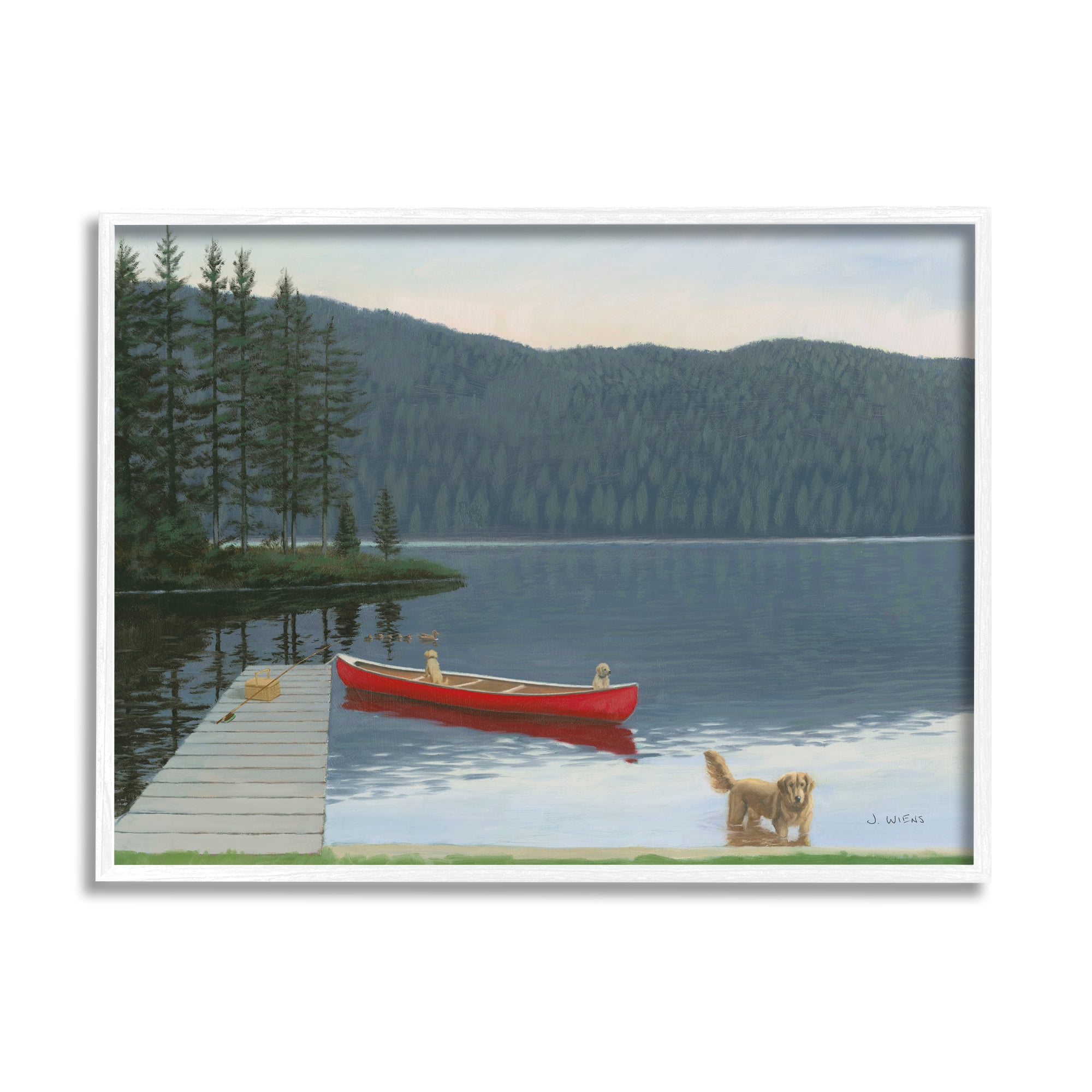 White Framed Canvas Print of Dogs by Red Row Boat in Lake Landscape