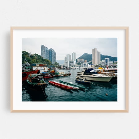 Docked at Ap Lei Chau - Hong Kong Photography Harbor City Boat Skyline Architecture Travel Poster Oak Framed Wall Art Print 12 x 18 inches