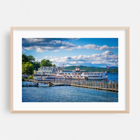 Docked at Weirs Beach - New Hampshire Photography Boat Harbor Scenic Travel Poster Landscape Summer Oak Framed Wall Art Print 5 x 7 inches