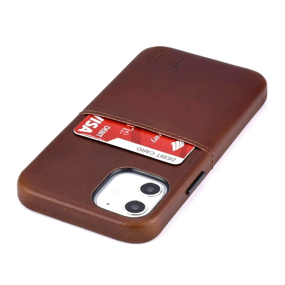 Dockem Card Case for iPhone 12 mini; Built-in Metal Plate, 1 Lay-Flat Credit Card Slot, Genuine Leather, Vituosa M1, Brown