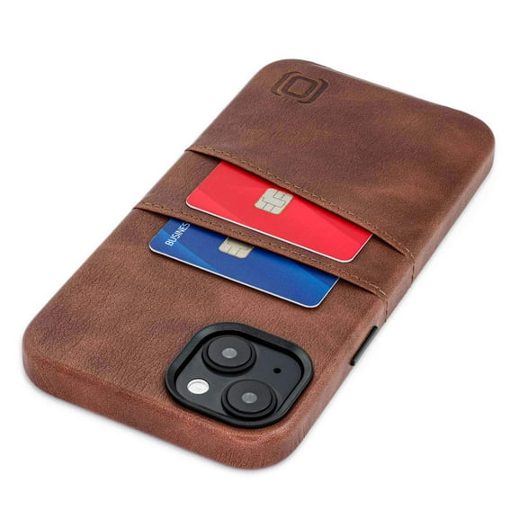 Dockem Card Case for iPhone 14 Plus with Built-in Metal Plate for Magnetic Mounting & 2 Pockets: Exec M2 (Brown)