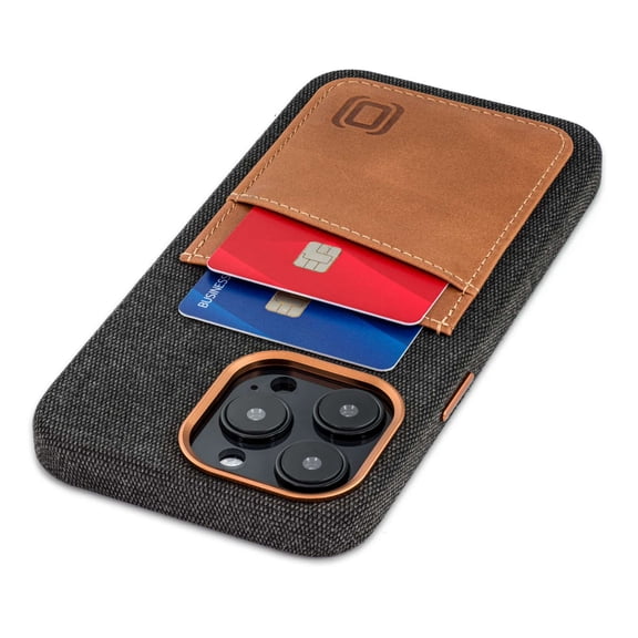 Dockem Fabric Card Case For iPhone 14 Pro Max with Built-in Metal Plate for Magnetic Mounting, Stitched-on Wallet with 2 Credit Card Holders (Grey w/ Light Brown, M2F)