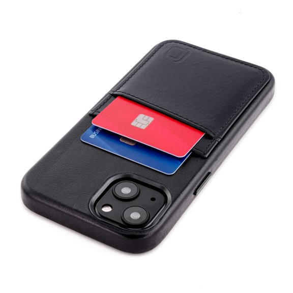 Dockem Genuine Leather Card Case For iPhone 13 with Built-in Metal Plate for Magnetic Mounting, Stitched-on Wallet with 2 Credit Card Holders (Black, M2GL)
