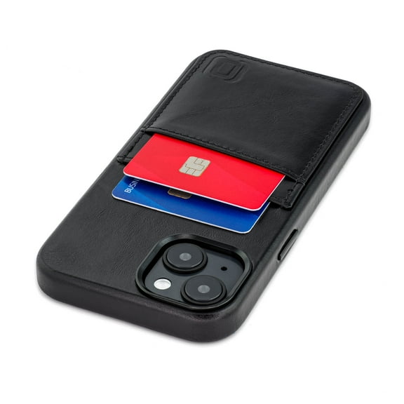 Dockem Genuine Leather Card Case For iPhone 14 with Built-in Metal Plate for Magnetic Mounting, Stitched-on Wallet with 2 Credit Card Holders (Black, M2GL)