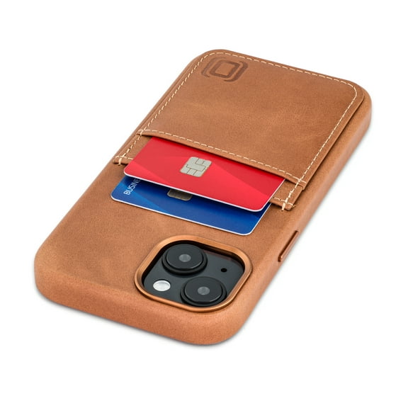 Dockem Genuine Leather Card Case For iPhone 15 with Built-in Metal Plate for Magnetic Mounting, Stitched-on Wallet with 2 Credit Card Holders (Light Brown, M2GL)