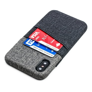 Dockem Luxe Wallet Case for iPhone X & iPhone XS: Minimalist Card Case with UltraGrip Canvas Style Synthetic Leather, Slim Professional Snap On Cover w/ 2 Card Holder Slots - Black and Grey