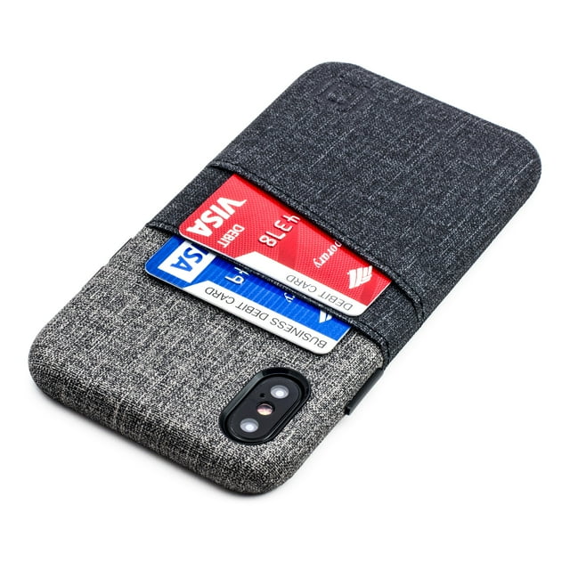Dockem Luxe Wallet Case for iPhone X & iPhone XS: Minimalist Card Case with UltraGrip Canvas Style Synthetic Leather, Slim Professional Snap On Cover w/ 2 Card Holder Slots - Black and Grey