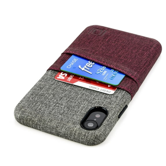 Dockem Wallet Case for iPhone XR; Built-in Metal Plate, 2 Credit Card Slots, Luxe M2, Maroon/Grey