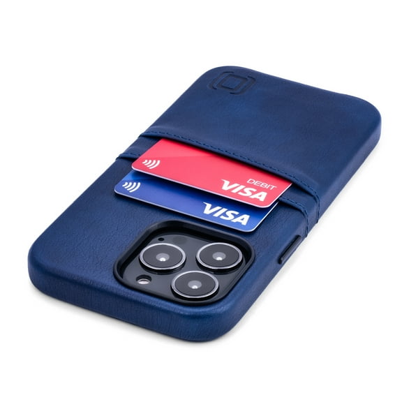 Dockem iPhone 13 Pro Exec M2 Wallet Case; Built-in Metal Plate, 2 Card Slots, Premium Synthetic Leather, Navy Blue