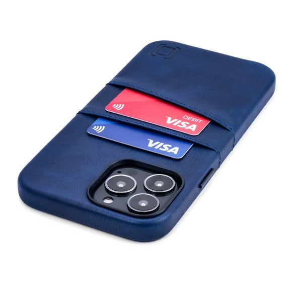 Dockem iPhone 13 Pro Max Exec M2 Wallet Case; Built-in Metal Plate, 2 Card Slots, Premium Synthetic Leather, Navy Blue