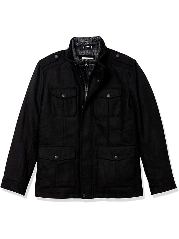BLACK Men's Military Wool Blend Bib Lined Dual Zipper Coat XXL