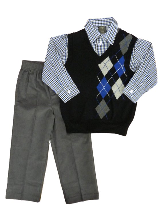 Boys 3-Piece Outfit Argyle Sweater Vest Striped Shirt & Corduroy Pants 4