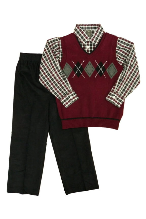 Boys 3-Piece Outfit Burgundy Argyle Sweater Vest Shirt Corduroy Pants 5