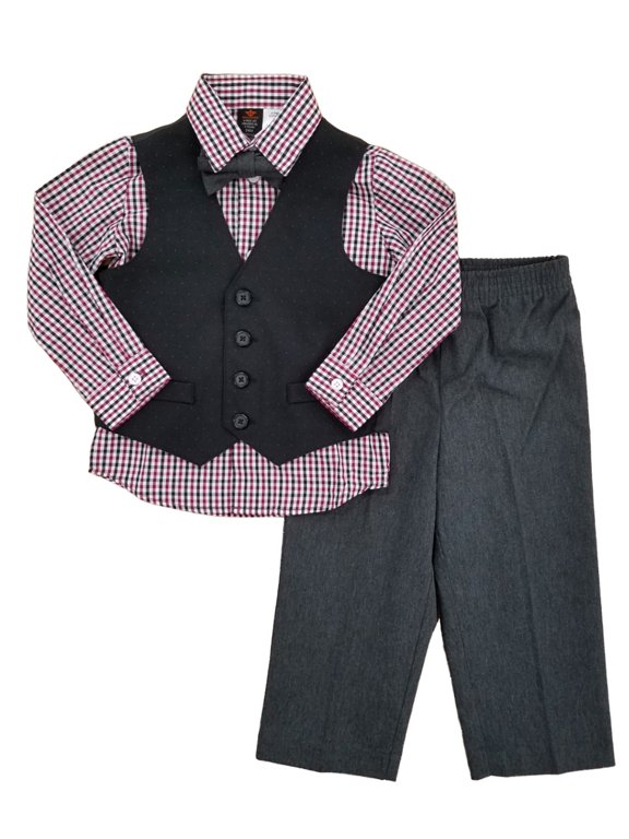 Infant Boys 4 Piece Dress Up Outfit Plaid Shirt Bow Tie Vest & Pants 24m