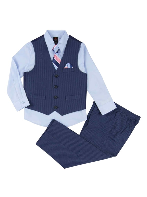 Infant Boys 4pc Blue Pinstripe Dress Up Outfit Shirt, Tie, Vest & Pants